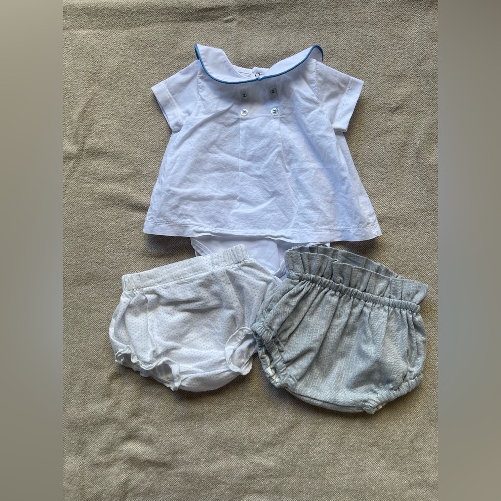 Pepa London Baby White and Blue Outfit Set w/ 2 Shorts Sz 3M